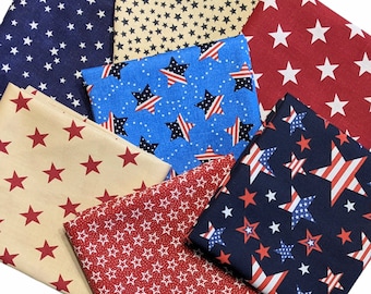 7 Piece American Stars Patriotic Fat Quarter Fabric Bundle Quilt Fabric Star Fabric