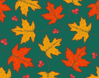 1 Yard Thanksgiving Fall Fabric Leaves on Turquoise Background 100% Cotton Quilt Fabric