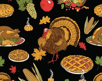 1 Yard Thanksgiving Fabric Turkeys on Black Background 100% Cotton Quilt Fabric