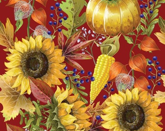 1 Yard Thanksgiving Fall Fabric Sunflowers on Dark Red Background 100% Cotton Fabric
