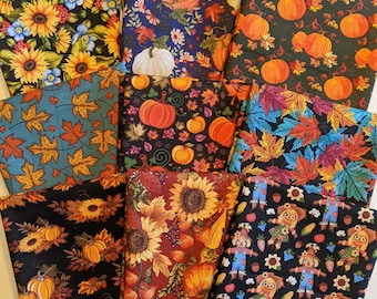 9 Piece Fat Quarter Bundle Fall Autumn Thanksgiving Fabric Cotton Quilting Pumpkins Leaves