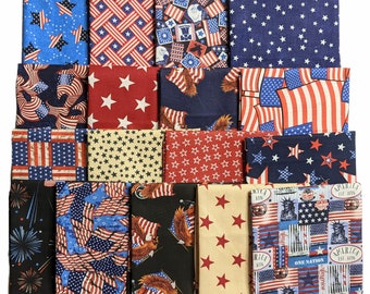 Patriotic Fat Quarter Fabric Bundle 17 Piece American Flag Stars Stripes Veteran Quilts of Valor Quilt Fabric