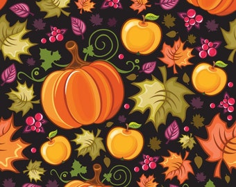 1 Yard Thanksgiving Fall Fabric Pumpkins Leaves on Black Background 100% Cotton