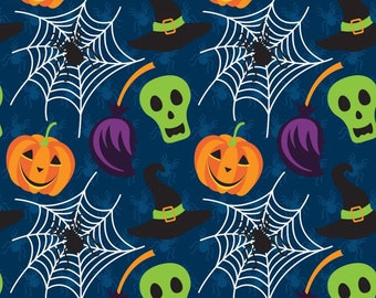 1 Yard Halloween Quilt Fabric Skulls Spider Webs Witch Hats on Blue 100% Cotton