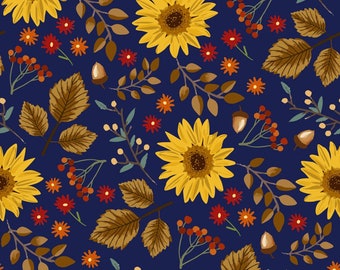 1 Yard Fabric Sunflowers on Violet Blue Background 100% Cotton Thanksgiving Fall