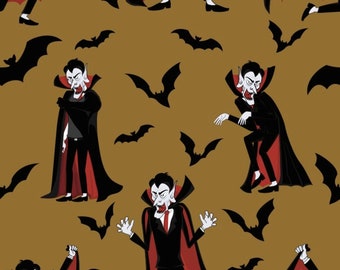 1 Yard Halloween Quilt Fabric Dracula Bats on Tan Background 100% Cotton