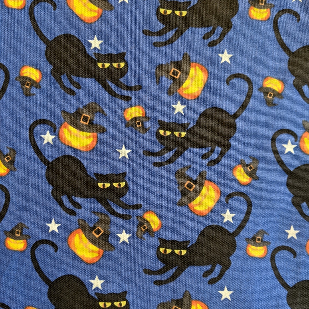 1 Yard Halloween Quilt Fabric Black Cats on Blue Background 100 Cotton