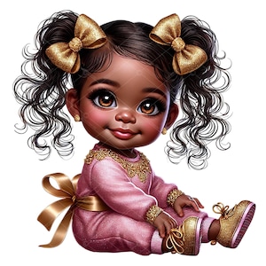 Clipart di bambina afroamericana con abito rosa e oro scintillante, Clipart di bambina afro con sbuffo, Clipart di bambina rosa e oro, Bambina piccola