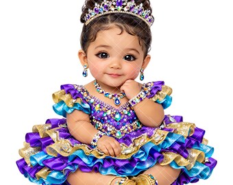 Latina Baby Girl Clipart PNG – Turquoise Purple Gold Fancy Dress – 12in 300dpi File