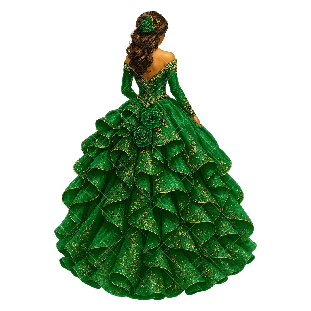 Emerald Green Gold Quinceaera Dress Clipart (PNG) - Etsy