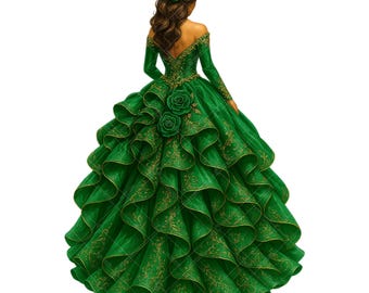 Smaragdgroen goud quinceañera jurk clipart (PNG)