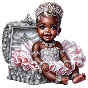 Clipart di una bambina afroamericana glamour / PNG di sublimazione di una bambina principessa / Bambina principessa rosa argento / Bambina nera / Arte principessa afro
