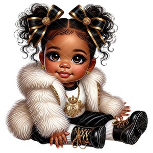 Clipart di bambina afro con pelliccia, bambina invernale di design, clipart di bambina afro, bambina afroamericana, bambina afro nera e oro, bambina invernale