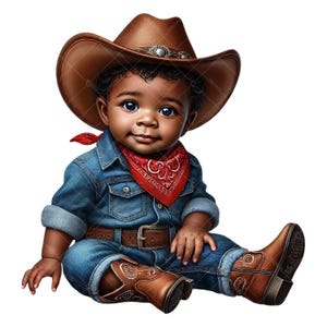 Clipart di Baby Cowboy - Clipart di Baby Cowboy afroamericano - Clipart di Baby Boy Cowboy - Clipart di Baby Shower Cowboy - Arte per bambini in età prescolare Cowboy