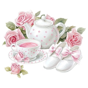 May include: A white teapot with pink polka dots, a teacup with pink polka dots and pink tea, a saucer with pink polka dots, and two white baby shoes with pink bows and pink polka dots. The teapot, teacup, and saucer are surrounded by pink roses.