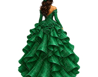 Clipart quinceañerajurk smaragdgroen: baljurk roos (PNG)