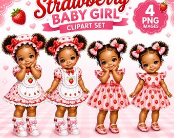 Strawberry Baby Girl Clipart PNG Set, African American Baby, 4 Poses, Shortcake, Baby Shower Graphics