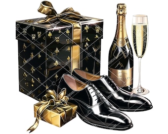 Black and Gold Men's Event Clipart: Champagne, Shoes (PNG)