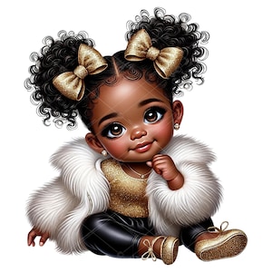 Afro Puff Baby Girl Clipart,African American Baby Girl Clipart,Glam Baby Girl Clipart,African American Baby Girl, Black Gold Afro Baby Girl