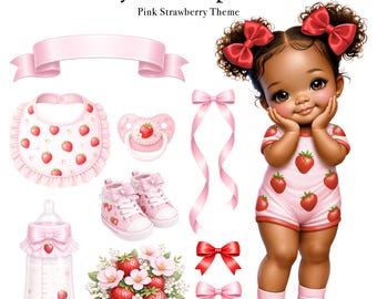 Strawberry Baby Girl Clipart Bundle Pink Baby Shower PNG Nursery Decor Set