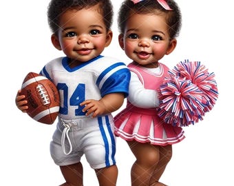 African American Baby Football Player & Cheerleader Clipart (Digital Download)