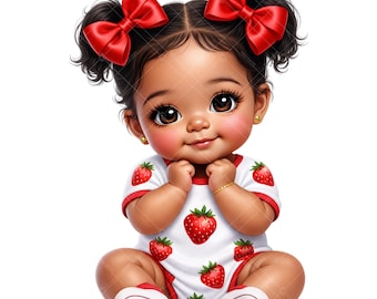 Brown Skin Baby Girl Strawberry Clipart PNG: Hispanic Baby Shower Design, Latina (Digital Download)
