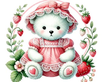 Strawberry Baby Bear Clipart: Watercolor Girl Shower Graphics (Digital Download)