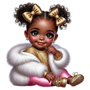 African American Baby Girl Clipart, Afro Puff Baby Girl Clipart, Glam Baby Girl Clipart, American Baby Girl, Pink Gold Afro Baby Girl