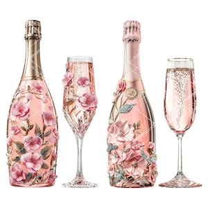 Pink Champagne,Pink Champagne Clipart,Pink Champagne Bottle Glass Clipart Set,Champagne Clipart,Pink Rose Clipart,Champagne Bridal Shower