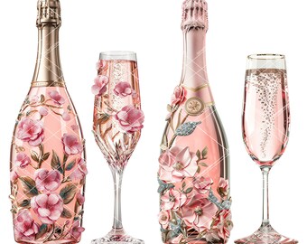 Pink Champagne Clipart Set: Floral Bottle & Glass (Digital Download)