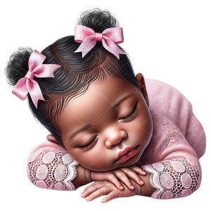 Sleeping baby girl clipart, African American newborn girl clipart, Afro Newborn Baby Girl, African American baby girl with afro puffs