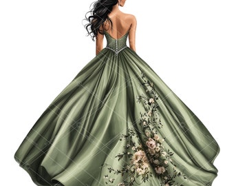 Clipart saliegroene jurk quinceañera: strass- en roosontwerp (PNG)