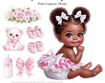 Pink Coquette Baby Girl PNG Clipart Set, Teddy Bear Bows Florals, Baby Shower Graphics