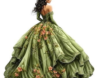 Saliegroene quinceañera-jurk Clipart: bloemen filigraan (PNG)