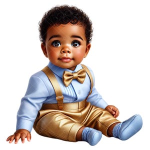 Clipart di adorabile bambino afroamericano / Clipart di bambino con papillon dorato PNG / Bambino blu e oro / Sublimazione, inviti, decorazioni per la cameretta dei bambini