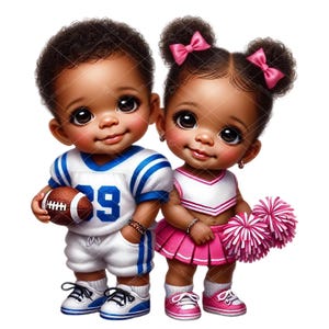 Clipart de bebé niño y niña, jugador de fútbol y animadora, clipart de revelación de género, clipart de bebé animadora de fútbol, clipart de revelación de género de bebé negro