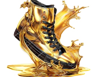 Gold Splash Sneaker Clipart: Glossy Black High Top (PNG)