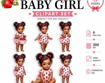 Strawberry Baby Girl Clipart PNG Set, African American Baby, 6 Poses, Baby Shower Graphics