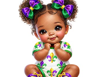 Mardi Gras Baby Girl Clipart – African American Baby PNG – Instant Download
