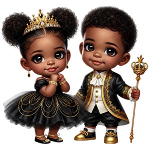 Princesa afroamericana con imágenes prediseñadas de príncipe y princesa en dorado negro, princesa afro, príncipe afroamericano con dorado negro, revelación de género de príncipe y princesa, afro puff