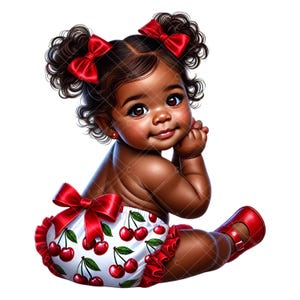 May include: Digital illustration of a baby girl with dark skin, wearing red bows in her hair, red shoes, and a diaper with a cherry print. The baby is smiling and looking at the viewer.