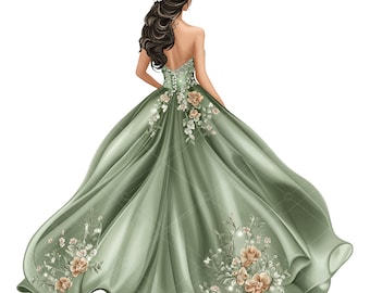 Saliegroene quinceañera-jurk Clipart: bloemen achteraanzicht (PNG)