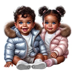 Adorable hiver bébé jumeaux Clipart dans des vestes bouffantes, sexe révèlent des cliparts, sublimation PNG numérique, sexe de bébé révèlent, clipart bébé jumeau