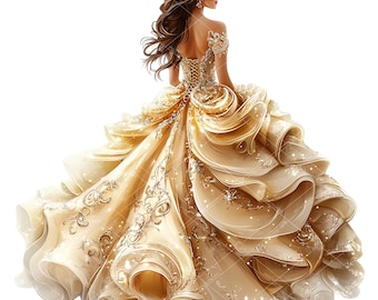 Gold Quinceañera Dress Clipart: Elegant Princess Gown (PNG)