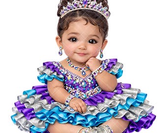 Latina Baby Girl Clipart PNG – Turquoise Purple Silver Fancy Dress – 12in 300dpi File