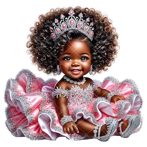 Clipart di bambina afroamericana per concorso di bellezza / Clipart di principessa glamour rosa e argento / Clipart di bambina principessa afro / Clipart di principessa bambina / Clipart di principessa glamour