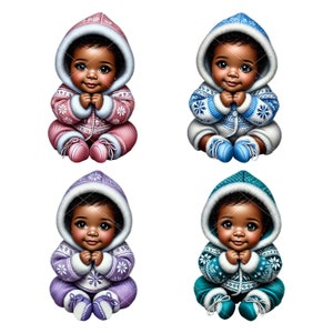 Clipart di neonati invernali, clipart di bambine invernali, baby shower nel paese delle meraviglie invernale, clipart di bambine afro, bambine afroamericane, set di 4