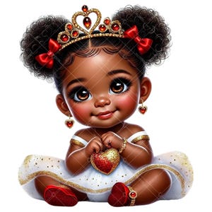 Clipart de petite fille afro-américaine pour la Saint-Valentin | Princesse rouge et or | Clipart bébé Saint-Valentin | Petite chérie Clipart baby shower