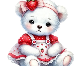 Strawberry Baby Girl Bear Clipart Set: Watercolor Teddy Bear (4 Pack)