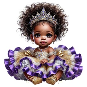 Clipart di una bambina afroamericana glamour / Design di una principessa viola e oro / Clipart di una principessa viola e oro / Clipart di una principessa viola / Concorso